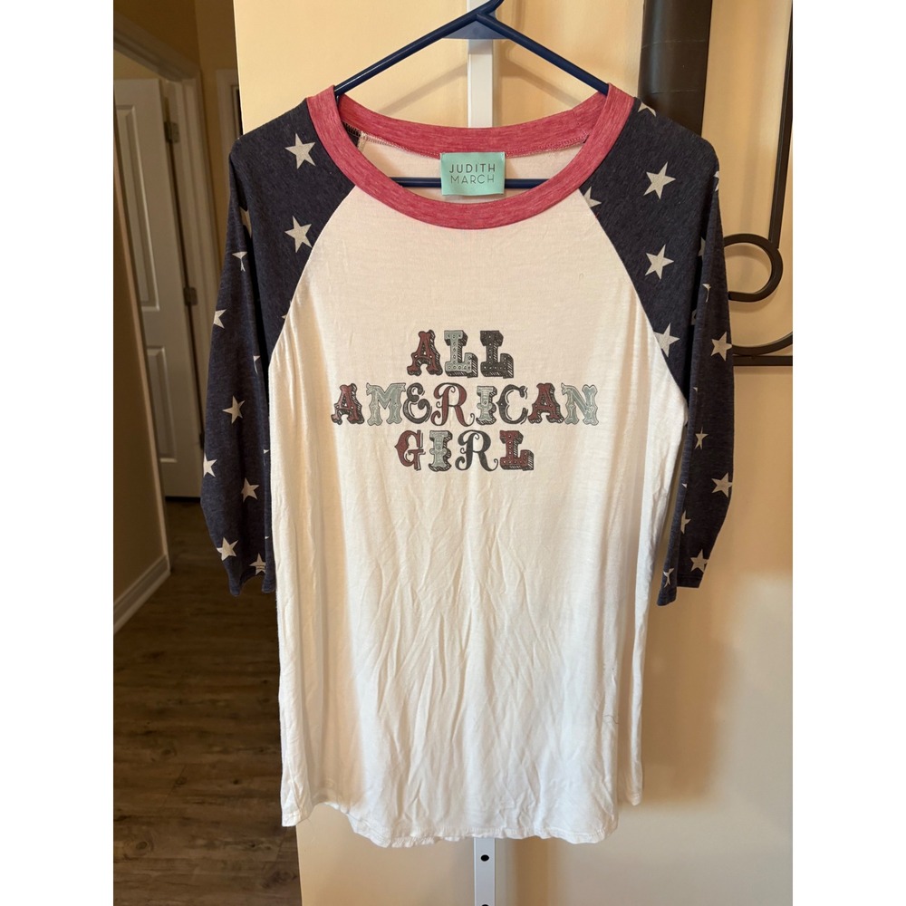 Judith March All American Girl Star Raglan Baseball Tee Red White Blue L CTA013